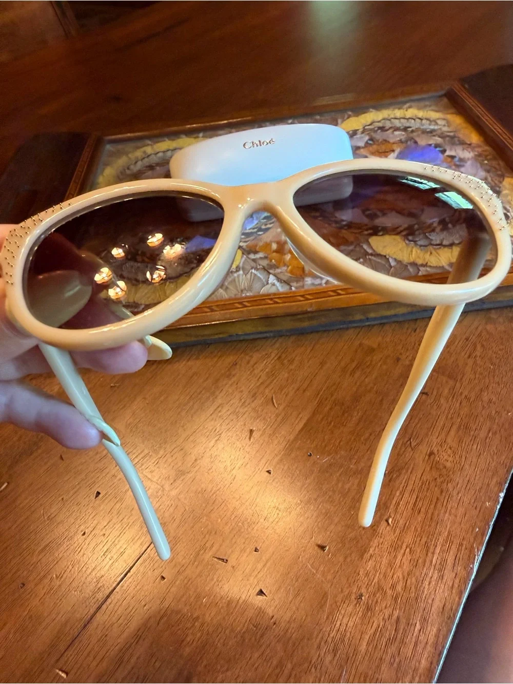 Chloé Cream Taupe Polarized Cat-Eye Sunglasses Crystals Pristine Condition